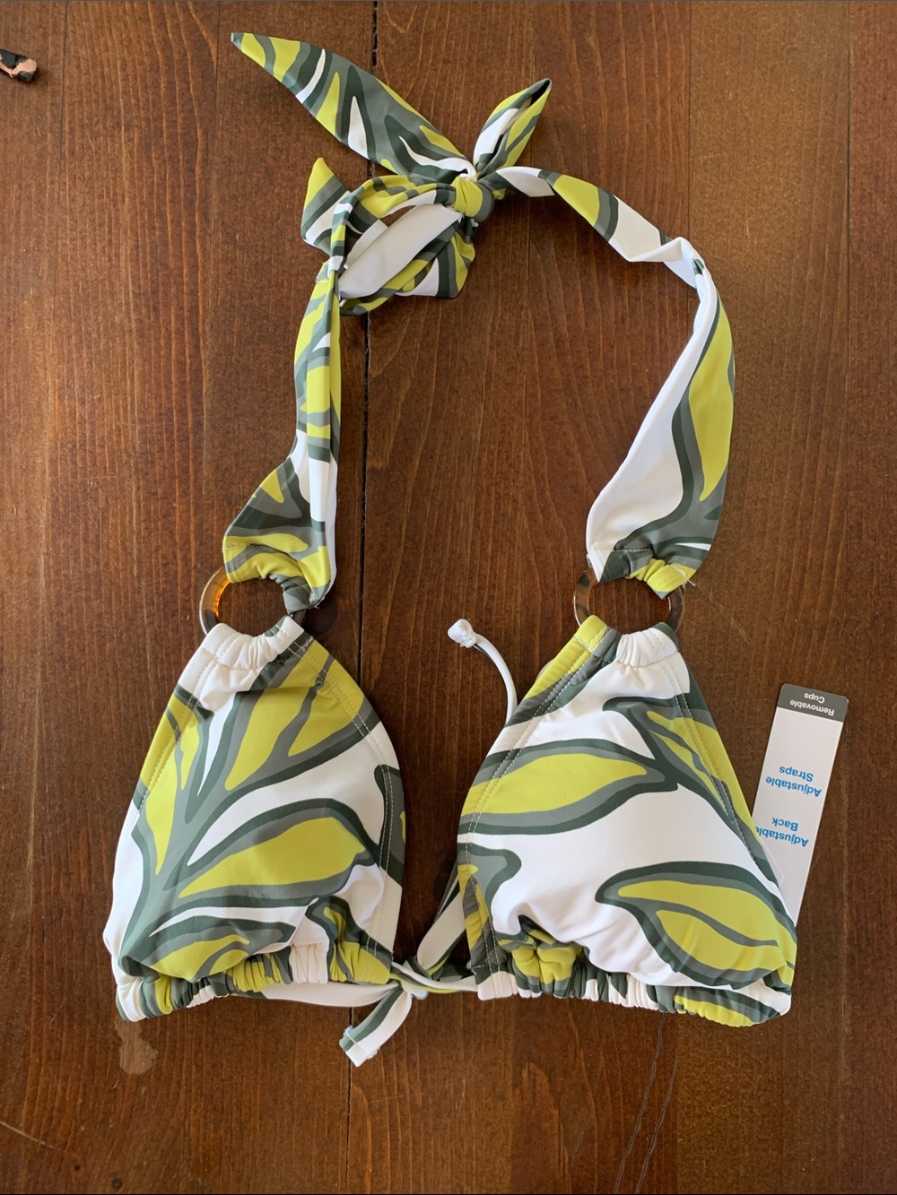 Time and Tru Yellow, Green and White Leaf-Print Halter Bikini Top